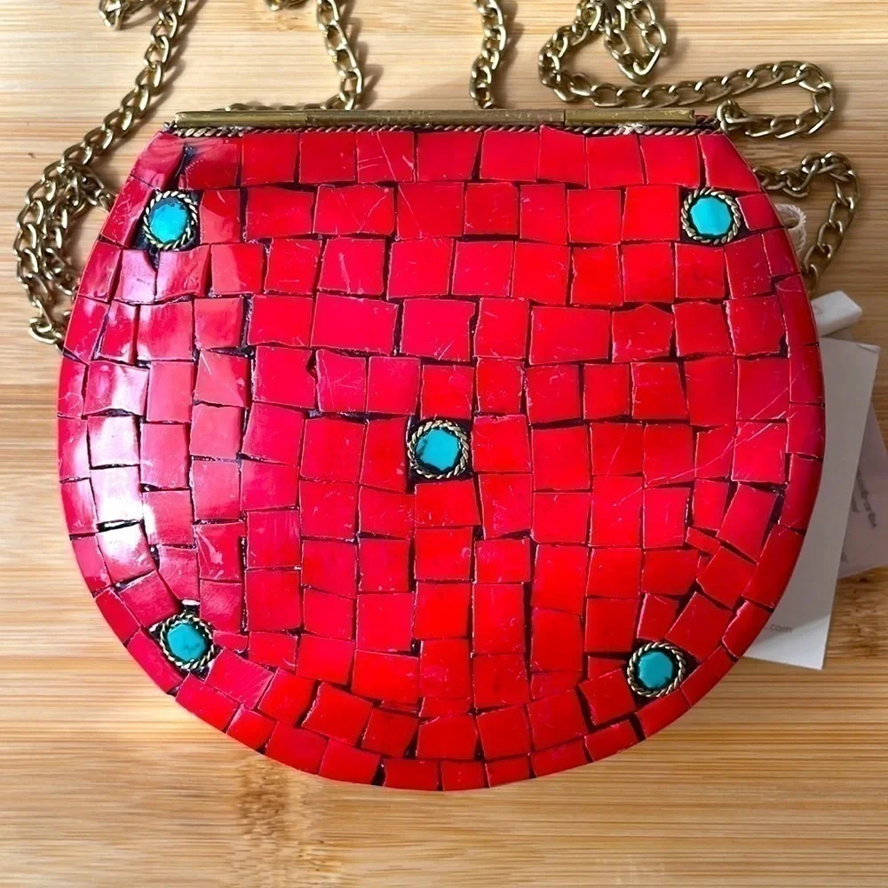 Brand New Antik Kraft Handcrafted India Small Metal Clutch Red Berry Chain Purse